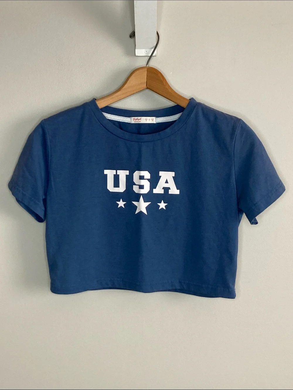 ROMWE Blue Crewneck Cropped Tee with USA on front, Size 6 Medium, Patriotic